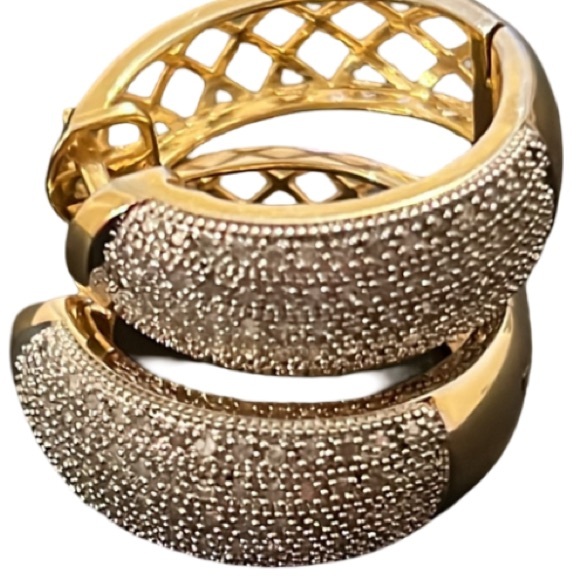 Designer 14KT Gold Plated Paved CZ Crystal Diamond Cut Out Huggie Hoops - Picture 10 of 11